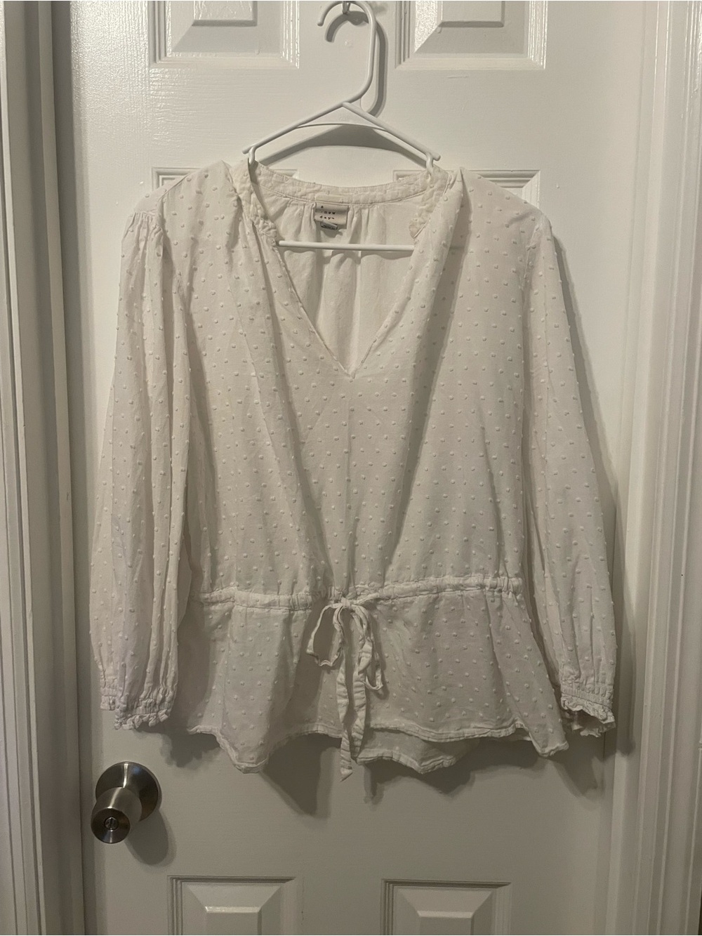 a new day White Swiss Dot Drawstring Peasant Blouse
